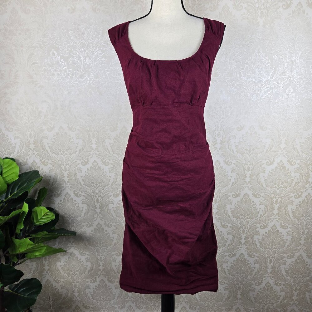 Eileen Fisher Size 10 Burgundy Sleeveless Sheath Ruched Sides Scoop Neck